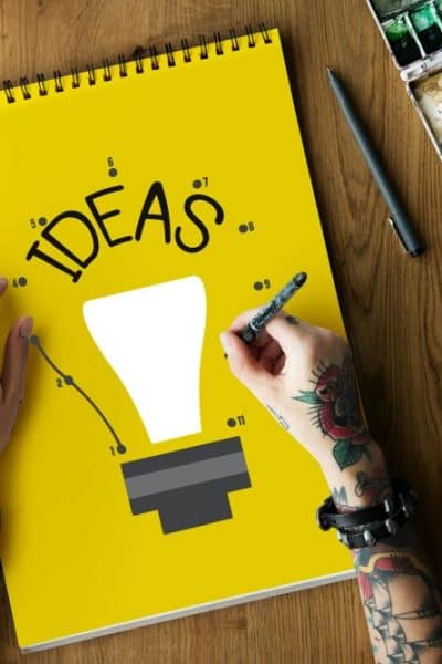 image of notebook that reads "ideas" and hands with a pen