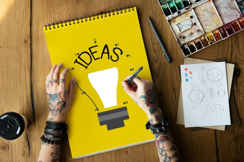image of notebook that reads "ideas" and hands with a pen